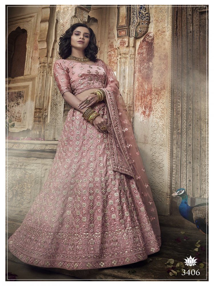 Salmon Pink Satin Embroidered Wedding Lehenga Choli