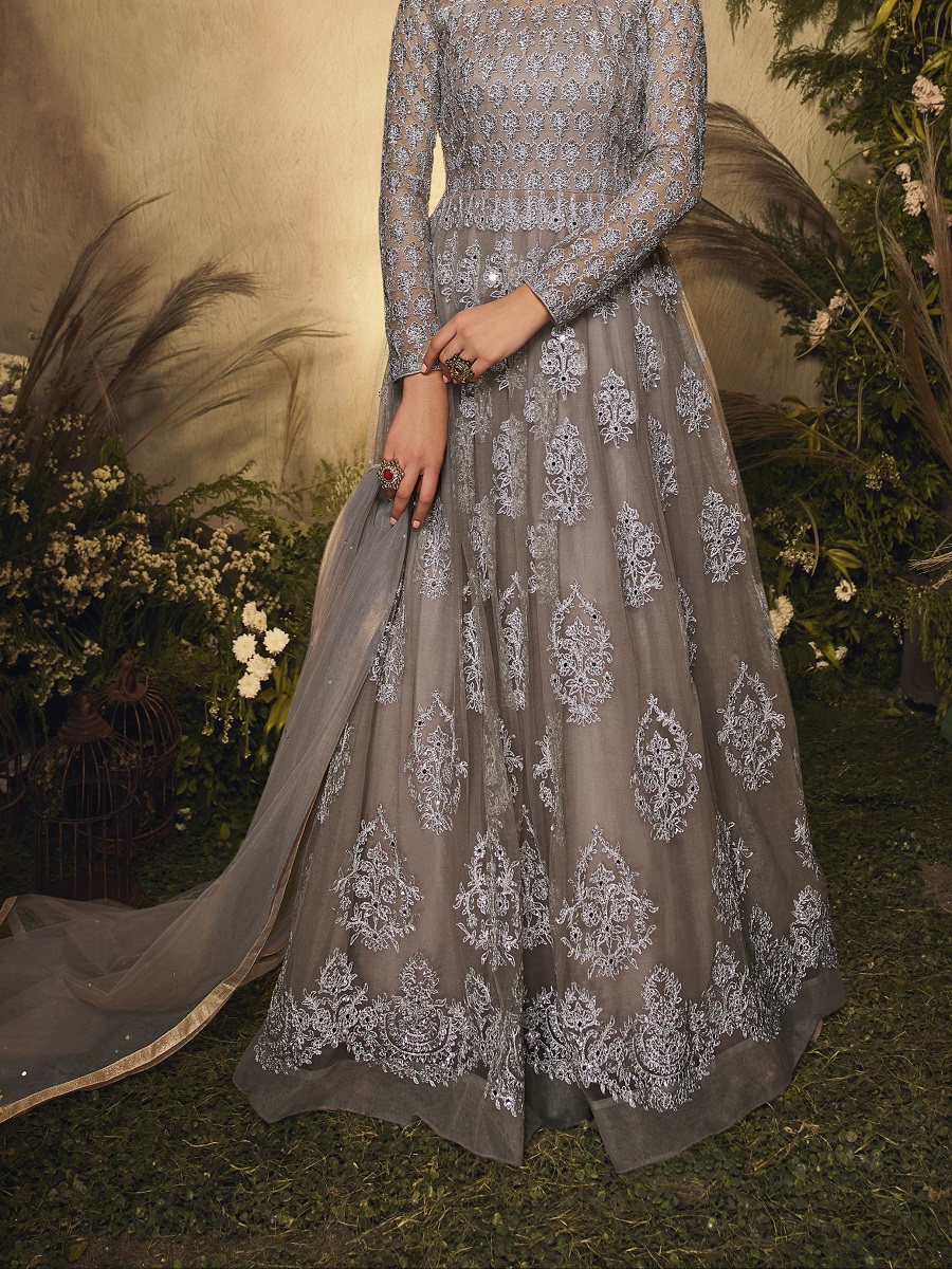 Gray Net Embroidered Party Festival Lawn Salwar Kameez