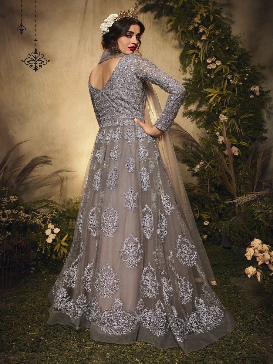 Gray Net Embroidered Party Festival Lawn Salwar Kameez