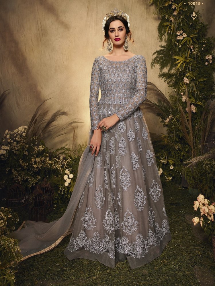 Gray Net Embroidered Party Festival Lawn Salwar Kameez
