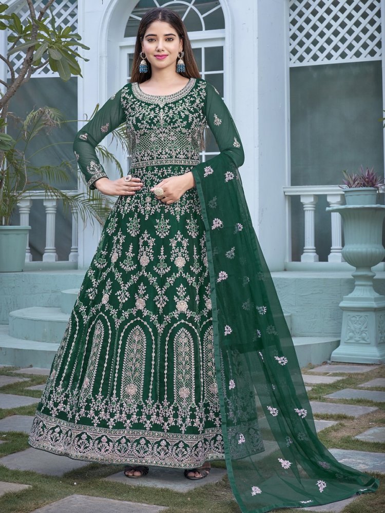 Green Heavy Butterfly Net Embroidered Wedding Festival Lawn Salwar Kameez
