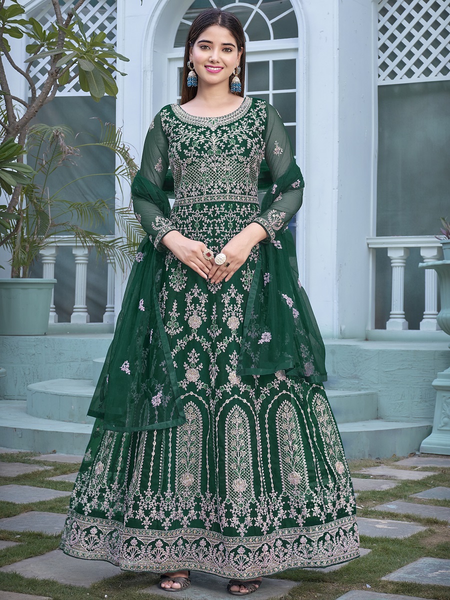 Green Heavy Butterfly Net Embroidered Wedding Festival Lawn Salwar Kameez