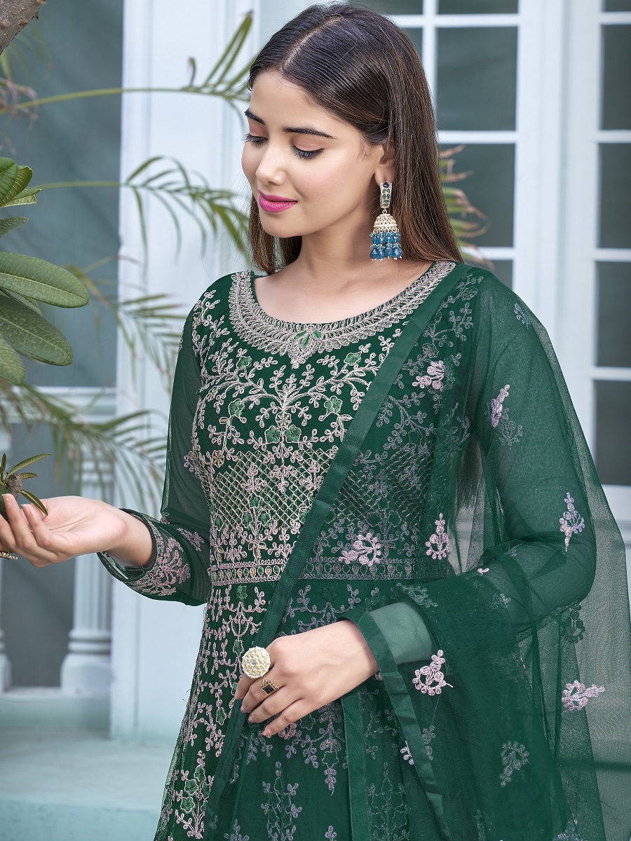 Green Heavy Butterfly Net Embroidered Wedding Festival Lawn Salwar Kameez