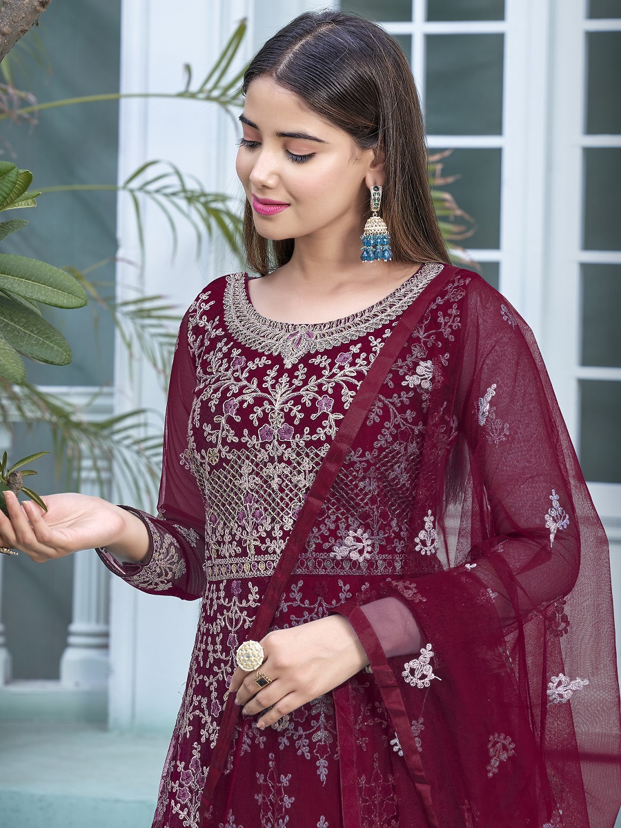 Spanish Purple Heavy Butterfly Net Embroidered Wedding Festival Lawn Salwar Kameez