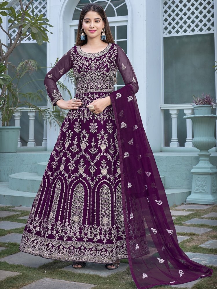 American Purple Heavy Butterfly Net Embroidered Wedding Festival Lawn Salwar Kameez