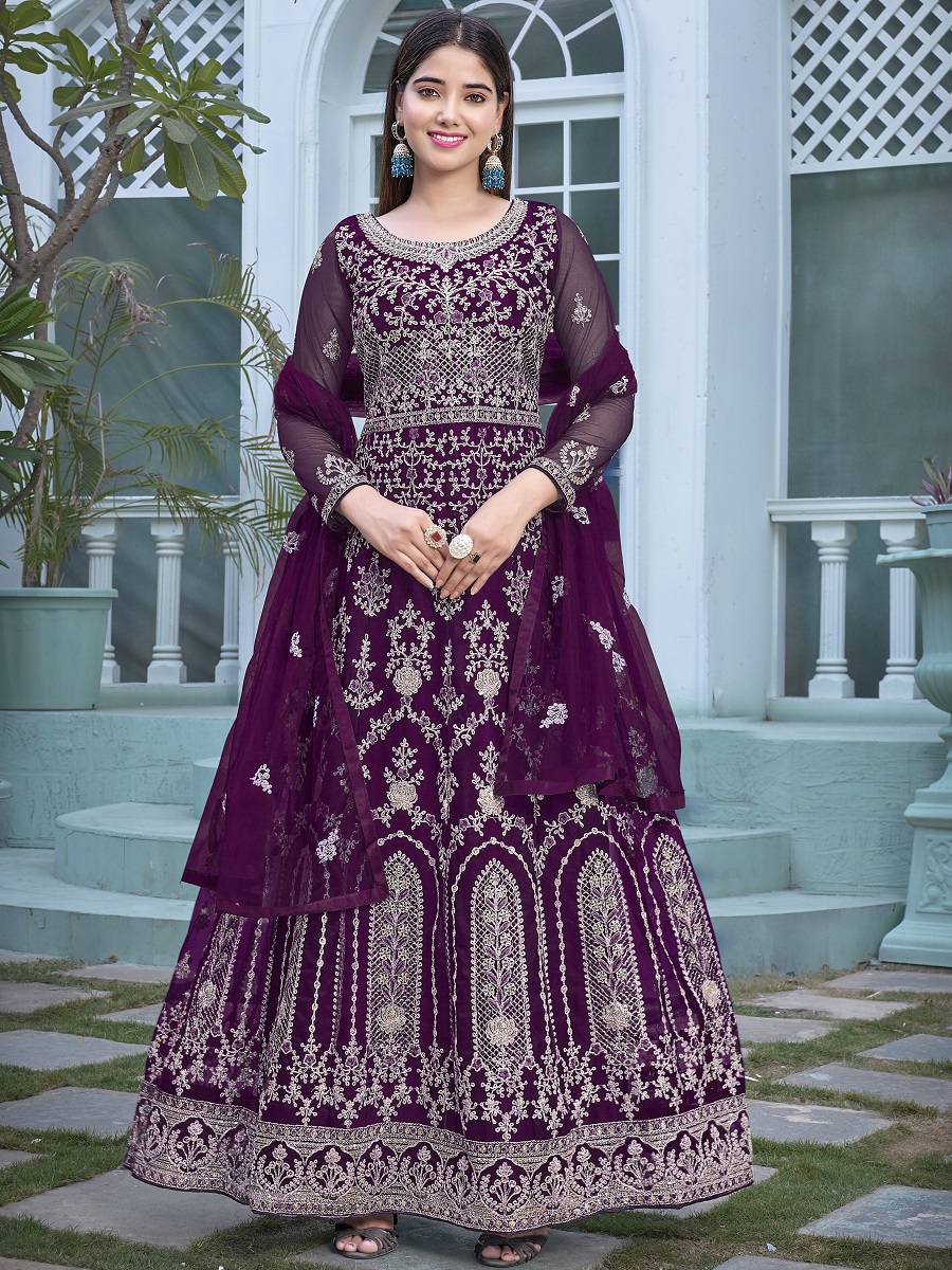 American Purple Heavy Butterfly Net Embroidered Wedding Festival Lawn Salwar Kameez