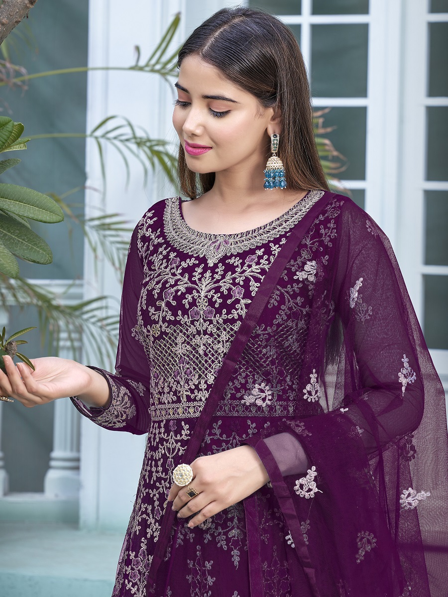 American Purple Heavy Butterfly Net Embroidered Wedding Festival Lawn Salwar Kameez