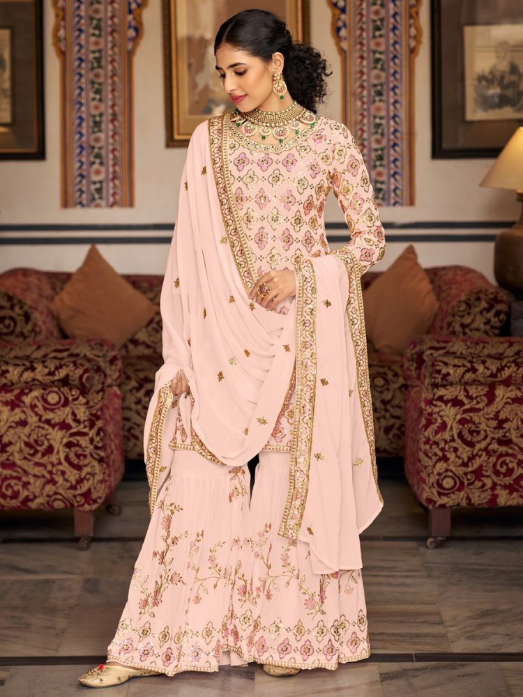 Apricot Georgette Embroidered Festival Wedding Sharara Pant Salwar Kameez