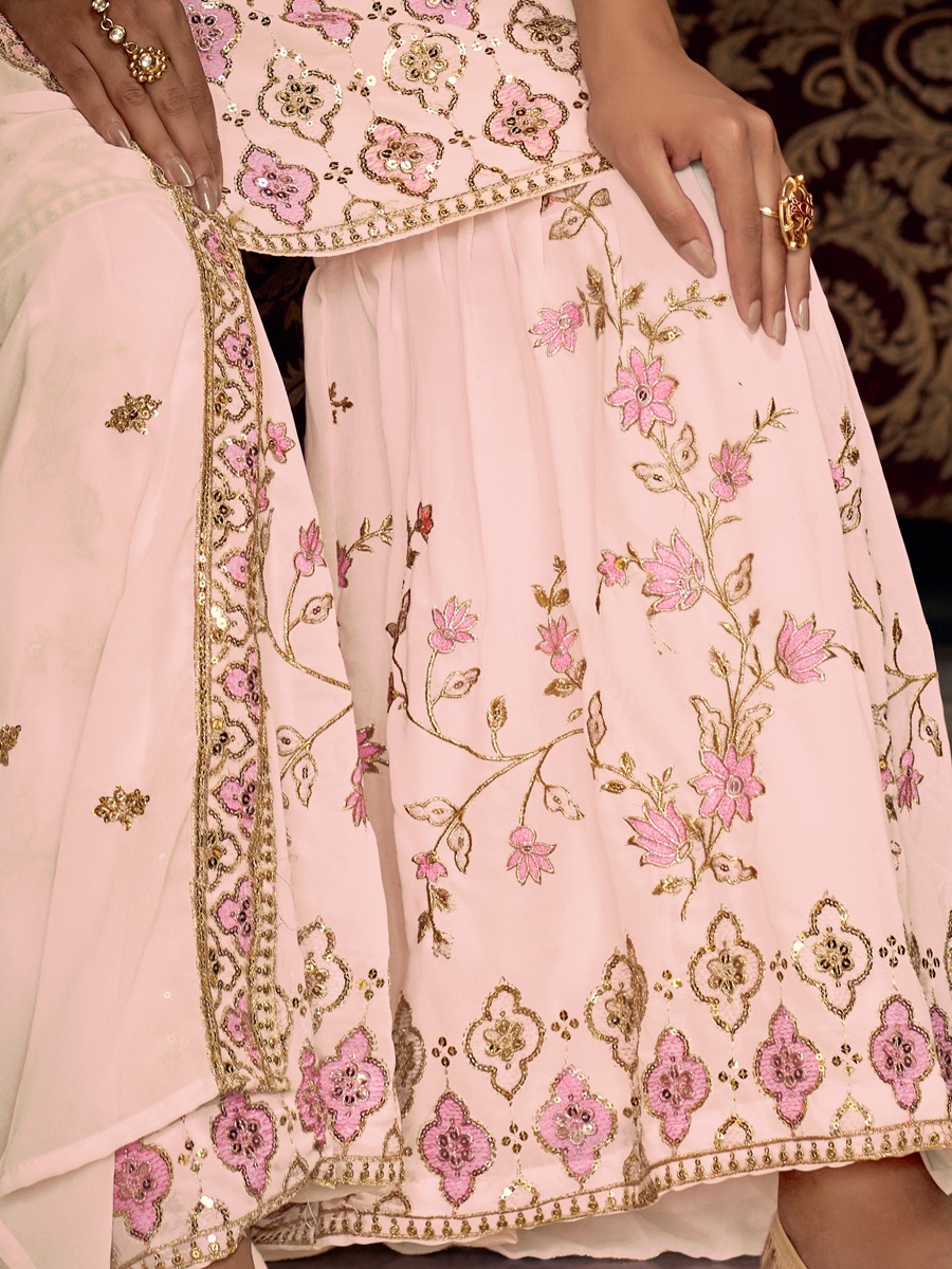 Apricot Georgette Embroidered Festival Wedding Sharara Pant Salwar Kameez