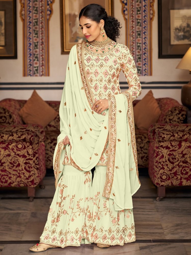 Pale Spring Bud Georgette Embroidered Festival Wedding Sharara Pant Salwar Kameez