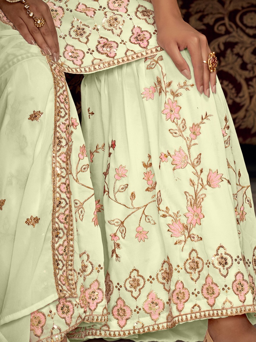 Pale Spring Bud Georgette Embroidered Festival Wedding Sharara Pant Salwar Kameez