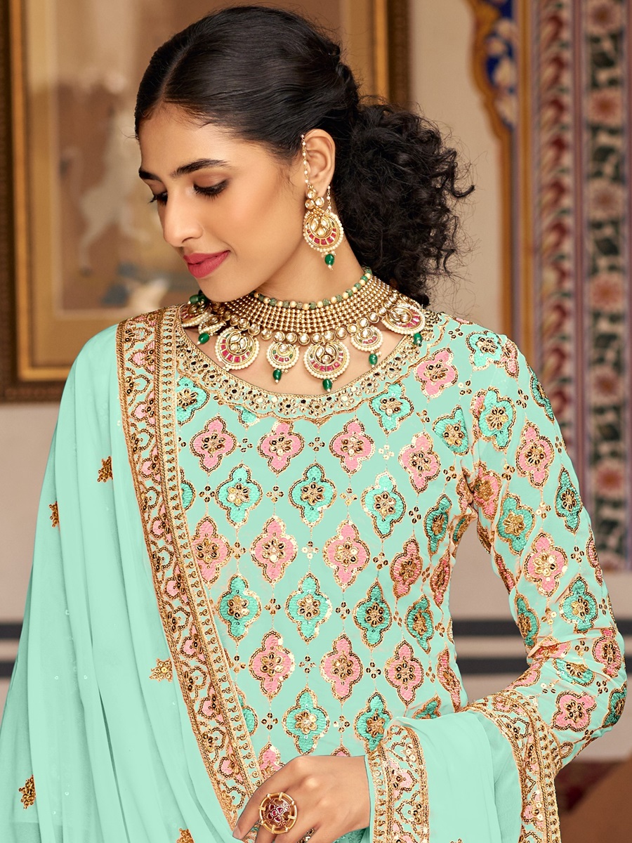 Mint Georgette Embroidered Festival Wedding Sharara Pant Salwar Kameez