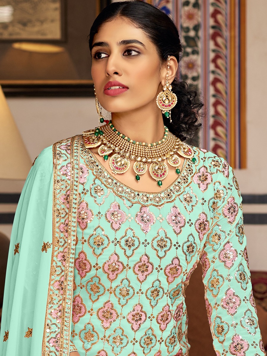 Mint Georgette Embroidered Festival Wedding Sharara Pant Salwar Kameez