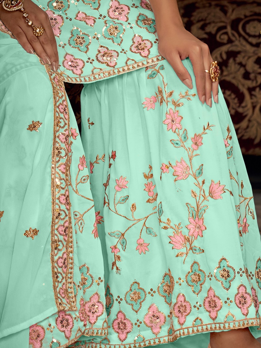 Mint Georgette Embroidered Festival Wedding Sharara Pant Salwar Kameez