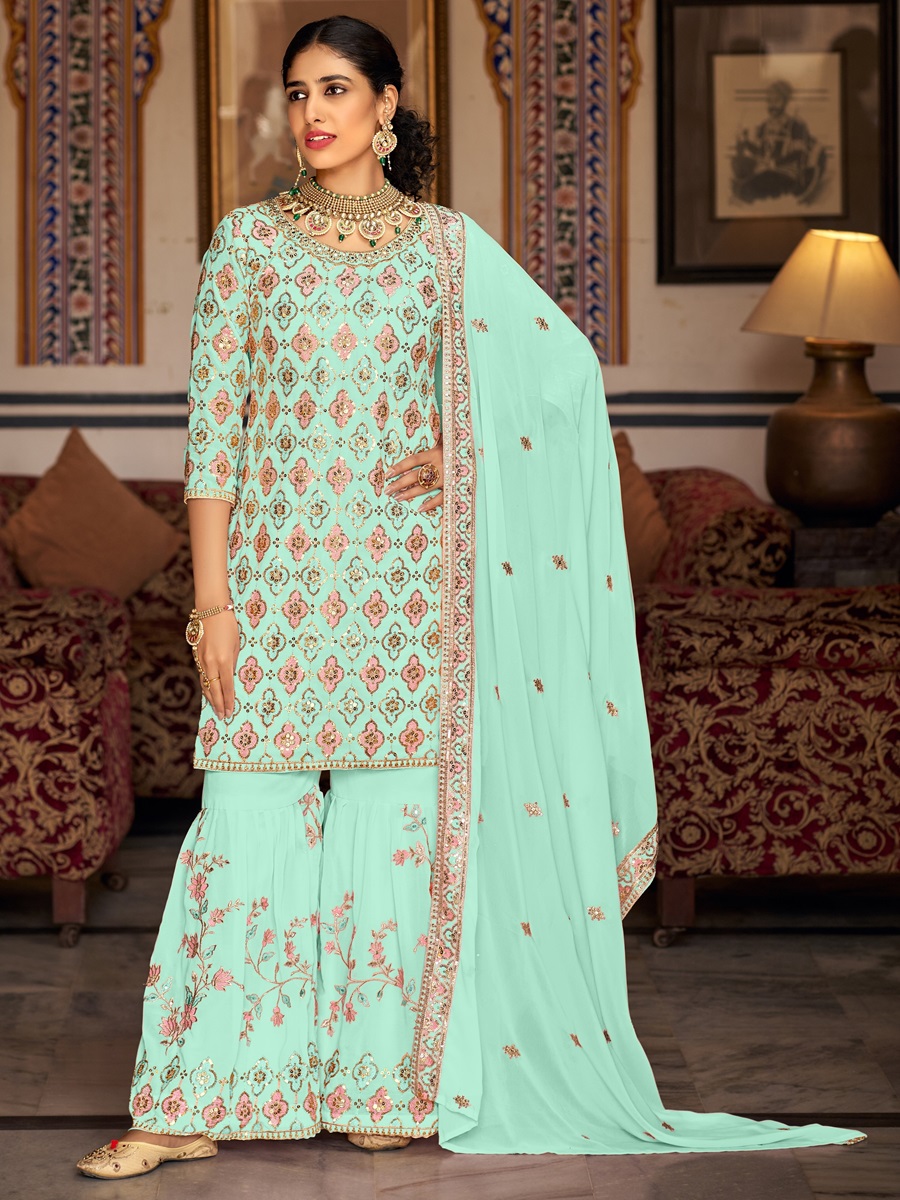 Mint Georgette Embroidered Festival Wedding Sharara Pant Salwar Kameez