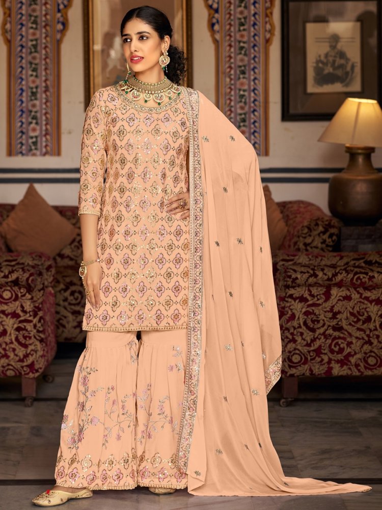 Peach Georgette Embroidered Festival Wedding Sharara Pant Salwar Kameez