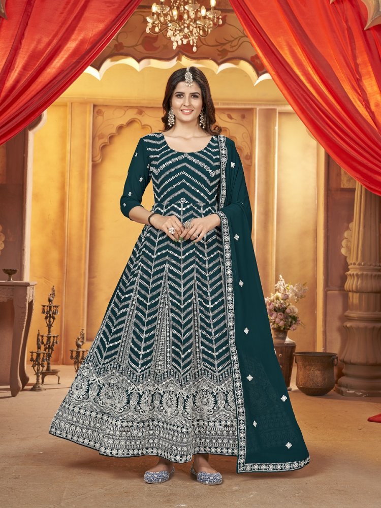 Medium Jungle Green Faux Georgette Embroidered Festival Wedding Lawn Salwar Kameez
