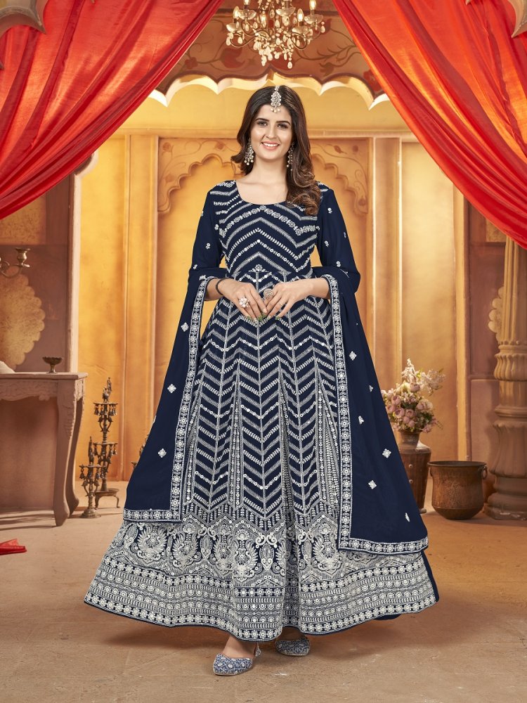 Yankees Blue Faux Georgette Embroidered Festival Wedding Lawn Salwar Kameez