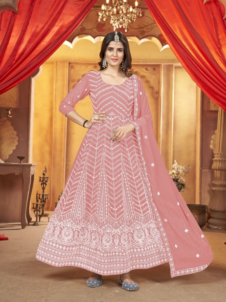 Parrot Pink Faux Georgette Embroidered Festival Wedding Lawn Salwar Kameez