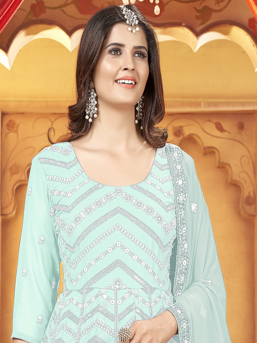 Aero Blue Faux Georgette Embroidered Festival Wedding Lawn Salwar Kameez