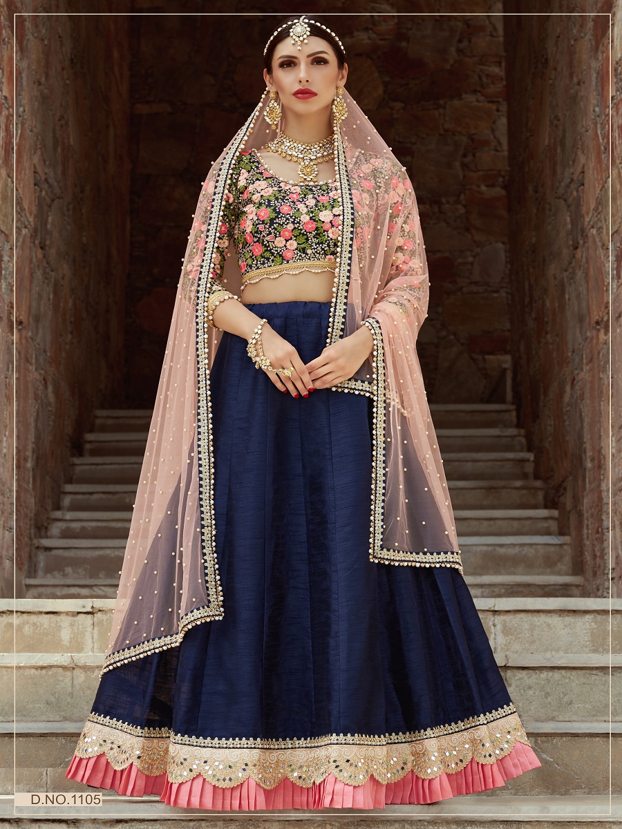 Navy Blue Art Silk Embroidered Bridal Lehenga Choli