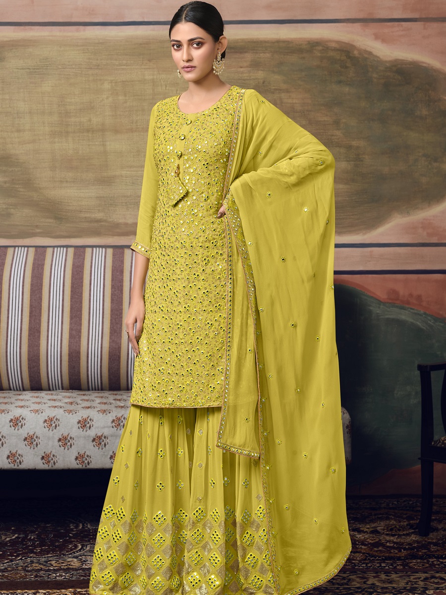 Brass Georgette Embroidered Party Festival Sharara Salwar Kameez