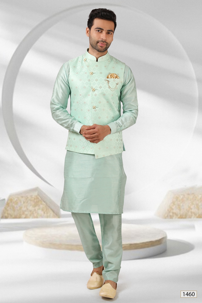 Mint Green Premium Banarasi Silk Festival Wedding Kurta with Jacket