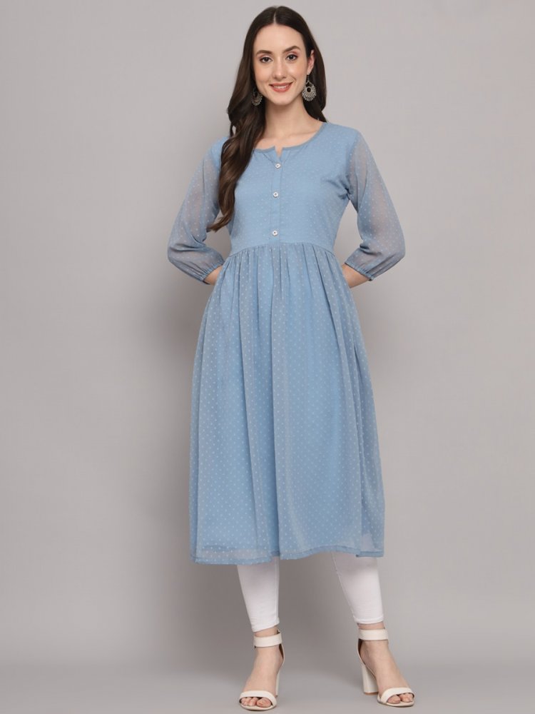 Sky Aqua Blue Georgette Plain Festival Casual Kurti