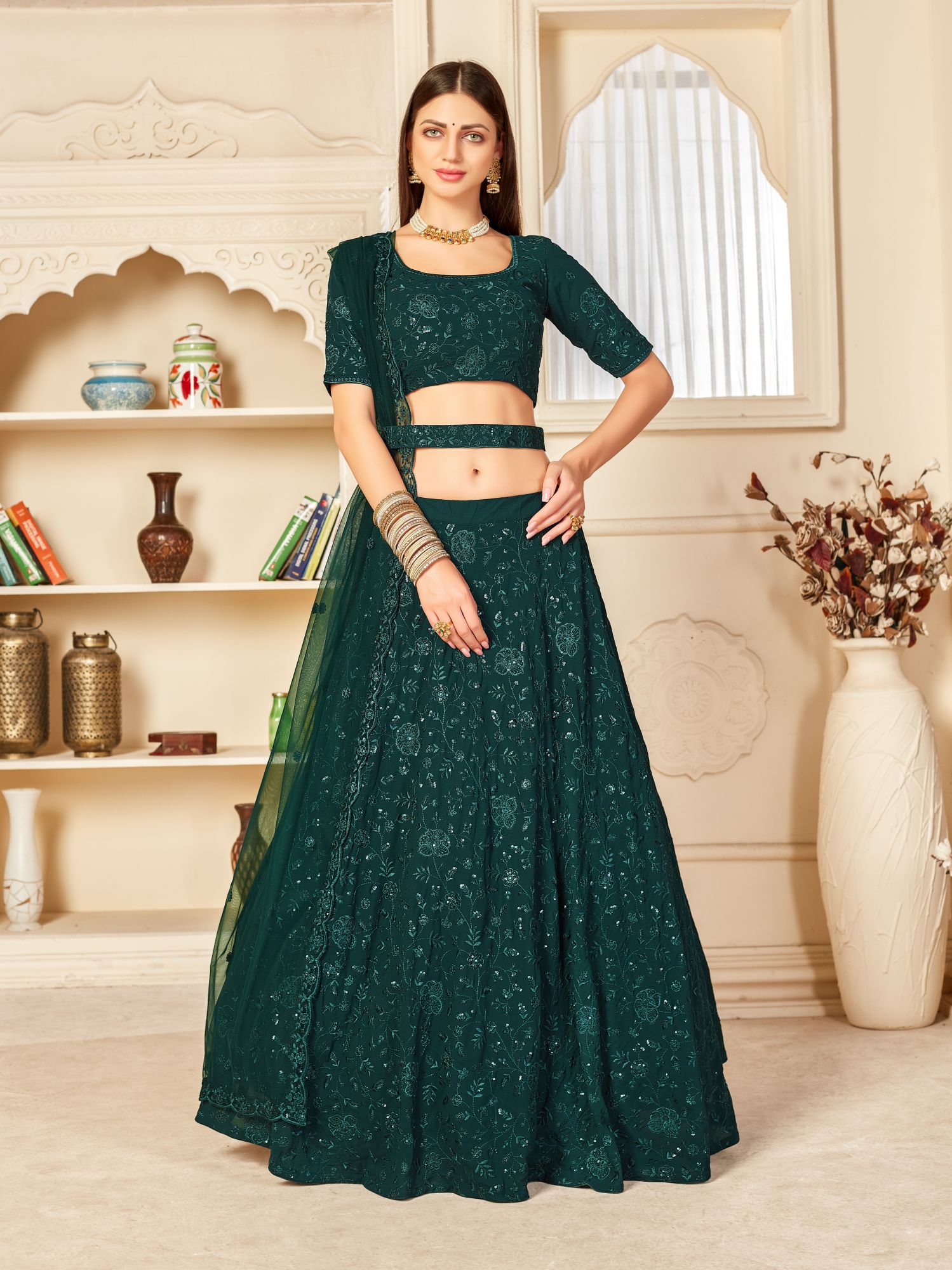 Green Georgette Embroidered Party Wear Reception Circular Lehenga Choli