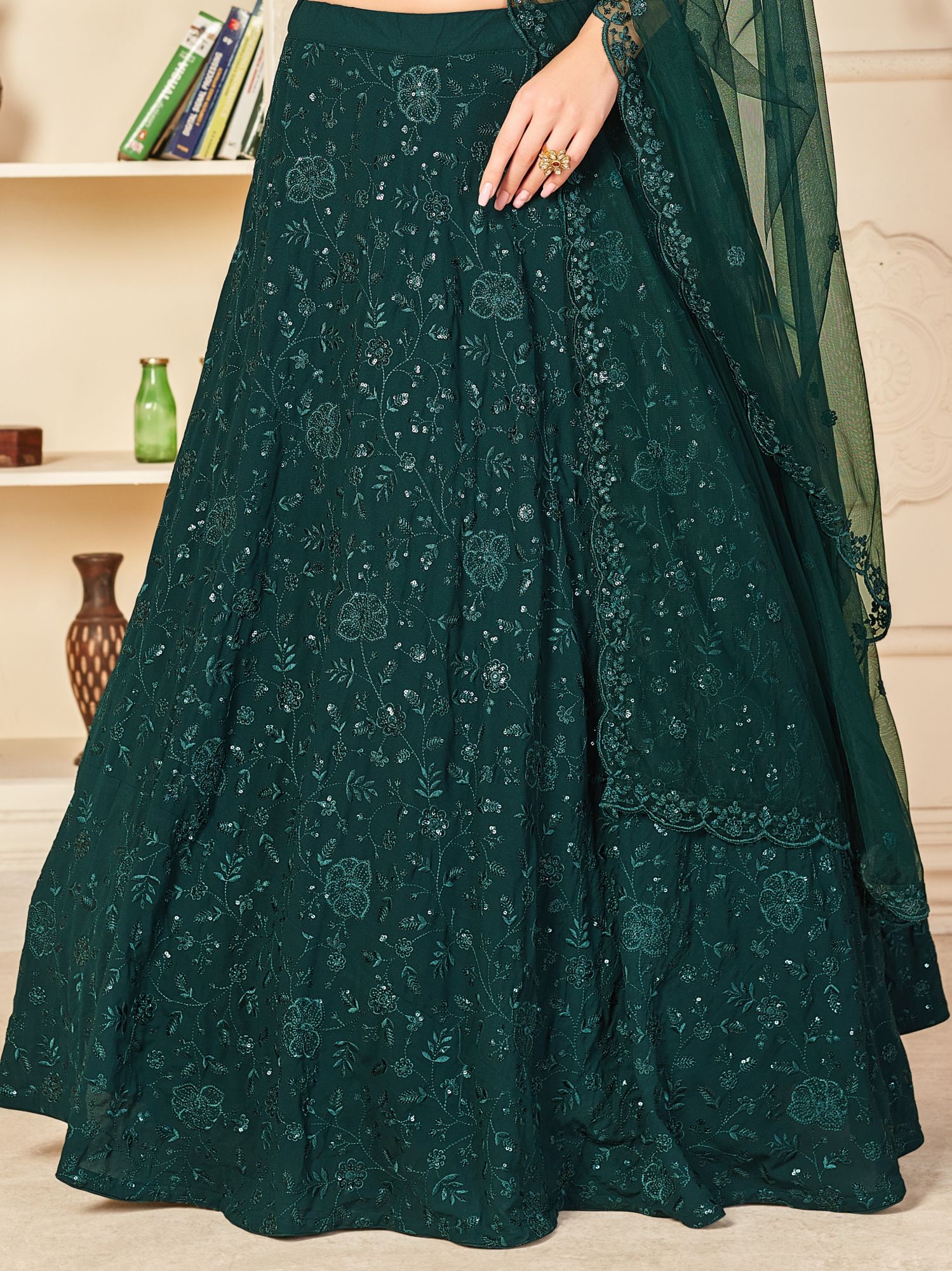 Green Georgette Embroidered Party Wear Reception Circular Lehenga Choli