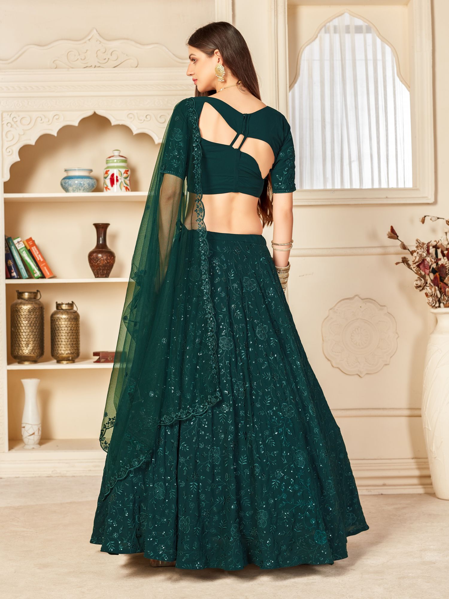 Green Georgette Embroidered Party Wear Reception Circular Lehenga Choli