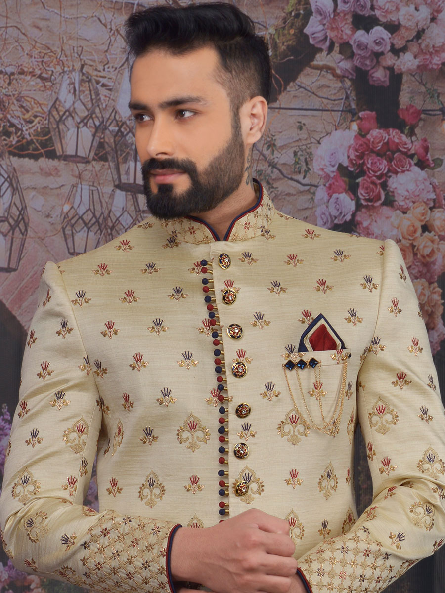 Golden Yellow Art BanarasI Silk Embroidered Wedding Sherwani