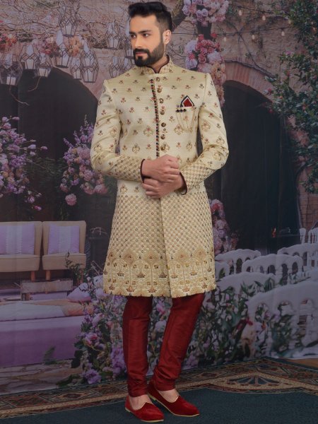 Golden Yellow Art BanarasI Silk Embroidered Wedding Sherwani