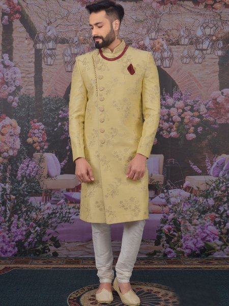 Beige Yellow Art BanarasI Silk Embroidered Wedding Sherwani