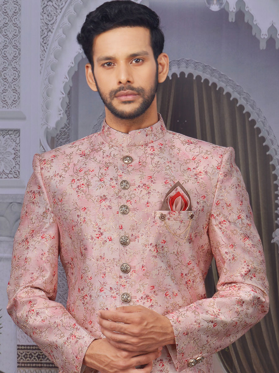 Light Pink Art BanarasI Silk Embroidered Wedding Sherwani