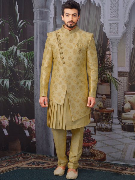 Golden Yellow Jacquard Silk Handwoven Wedding Sherwani