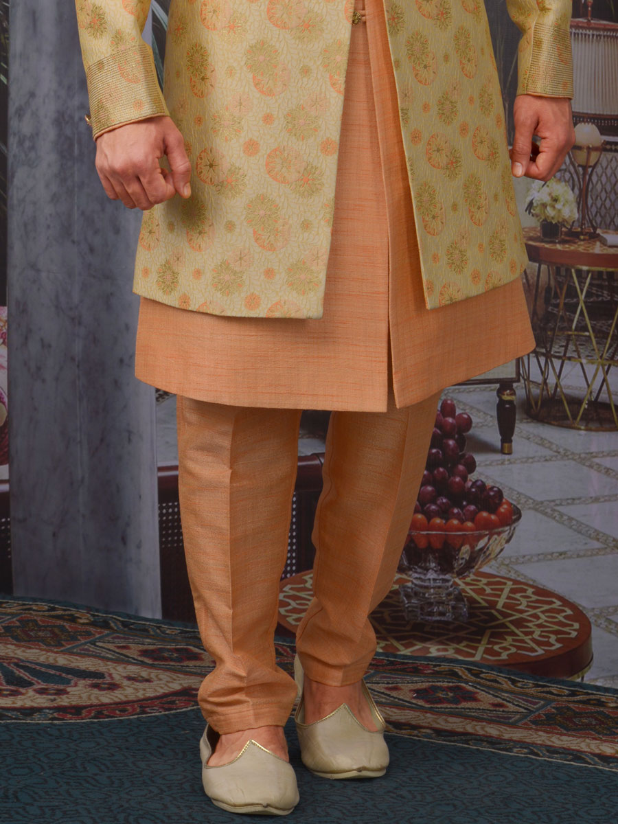 Golden Yellow and Salmon Orange Jacquard Silk Handwoven Wedding Sherwani