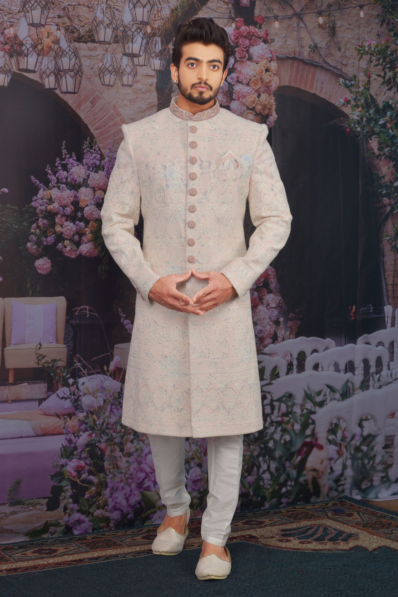 Light Coral Pink Faux Georgette Embroidered Wedding Sherwani