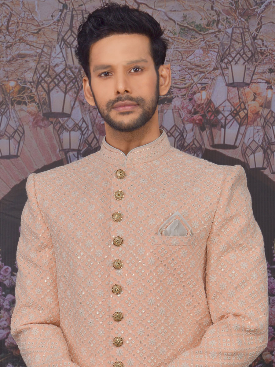 Coral Pink Faux Georgette Embroidered Wedding Sherwani