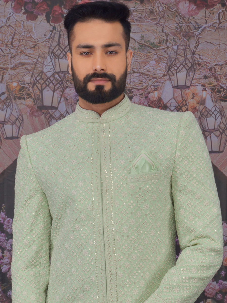 Celadon Green Faux Georgette Embroidered Wedding Sherwani