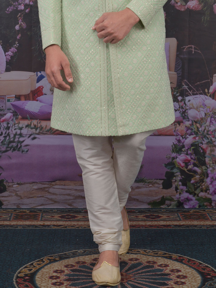 Celadon Green Faux Georgette Embroidered Wedding Sherwani
