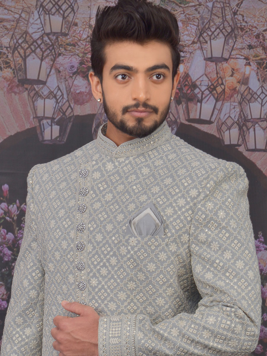 Light Gray Faux Georgette Embroidered Wedding Sherwani