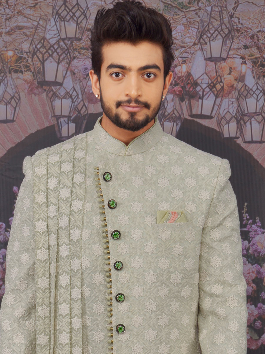 Tea Green Faux Georgette Embroidered Wedding Sherwani With Stole