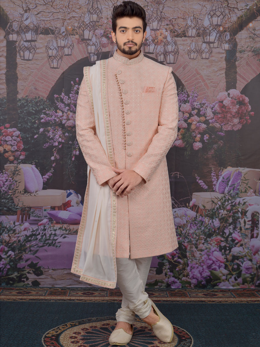 Light Pink Art BanarasI Silk Embroidered Wedding Sherwani