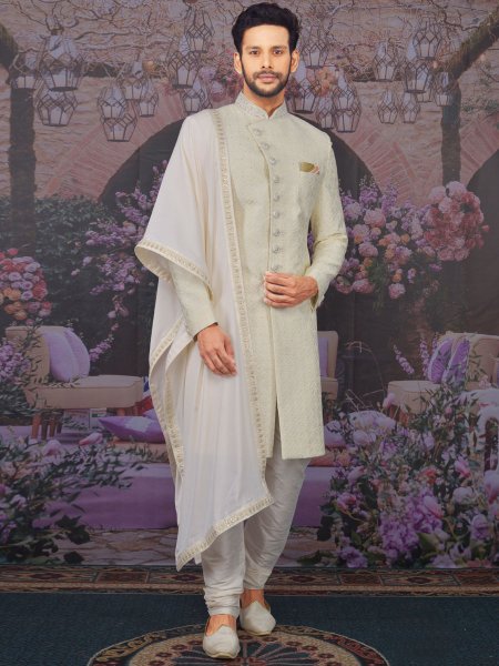 Cream Yellow Art BanarasI Silk Embroidered Wedding Sherwani With Stole
