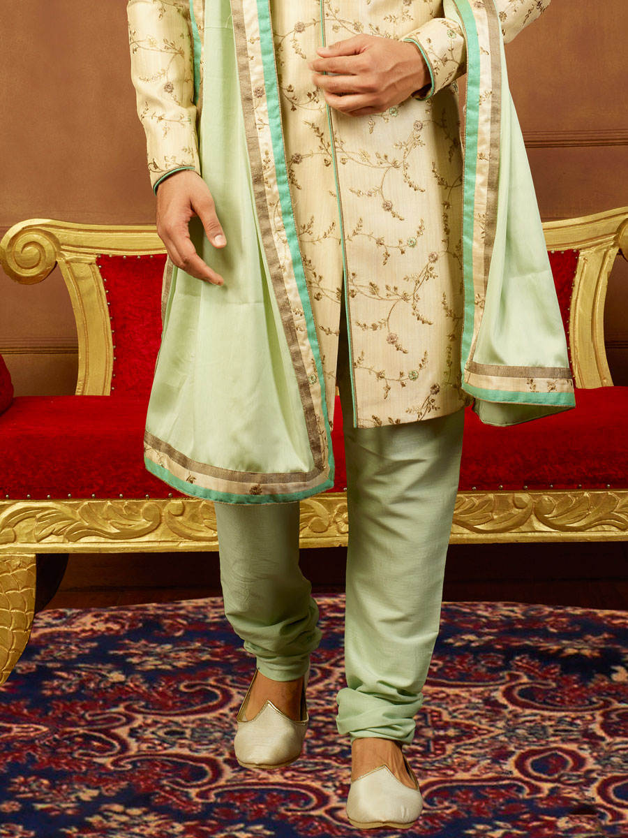 Beige Yellow Art Banarasi Silk Embroidered Wedding Sherwani