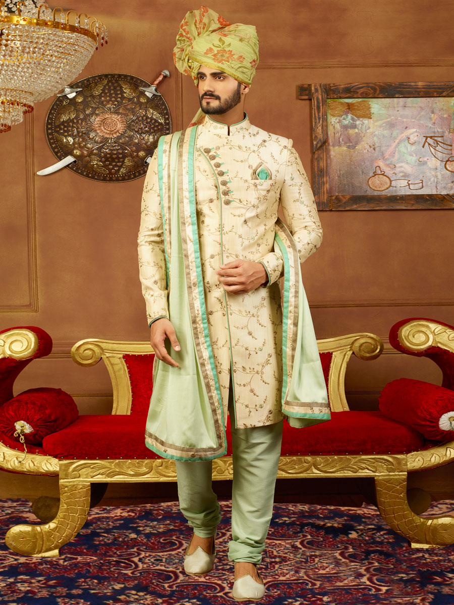 Beige Yellow Art Banarasi Silk Embroidered Wedding Sherwani