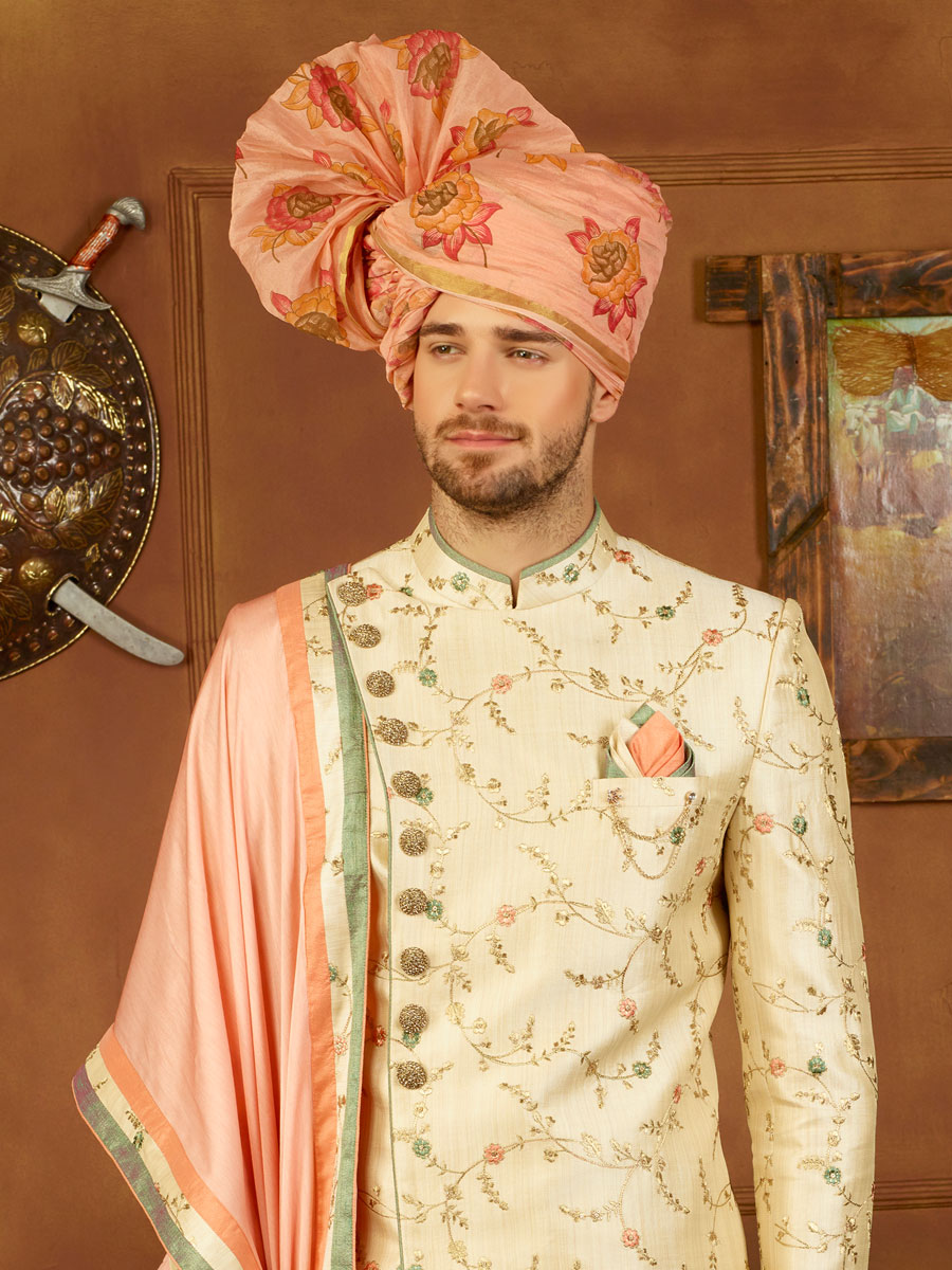 Beige Yellow Art Banarasi Silk Embroidered Wedding Sherwani