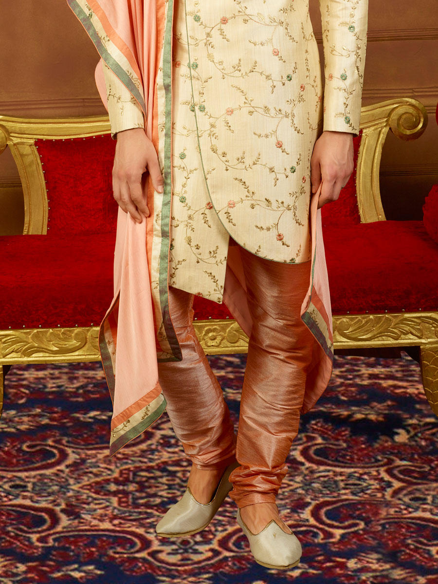 Beige Yellow Art Banarasi Silk Embroidered Wedding Sherwani