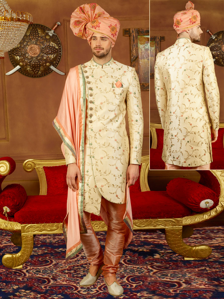 Beige Yellow Art Banarasi Silk Embroidered Wedding Sherwani